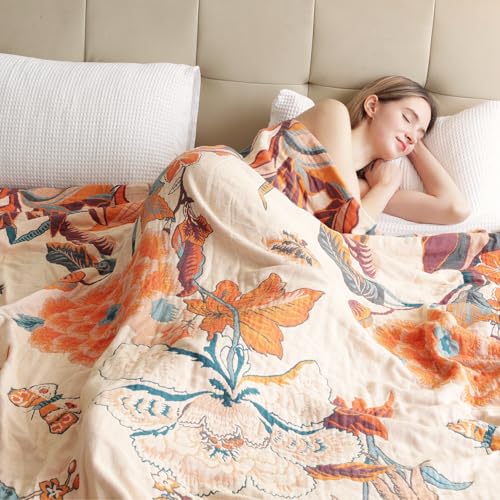 Boho Large Throw Blanket, 100% Organic Cotton Breathable Soft Bed Throw - Floral Bird Farmhouse Decor Blanket for Sofa Couch Chair Quilt and Gift. 91" x 98"- Beige