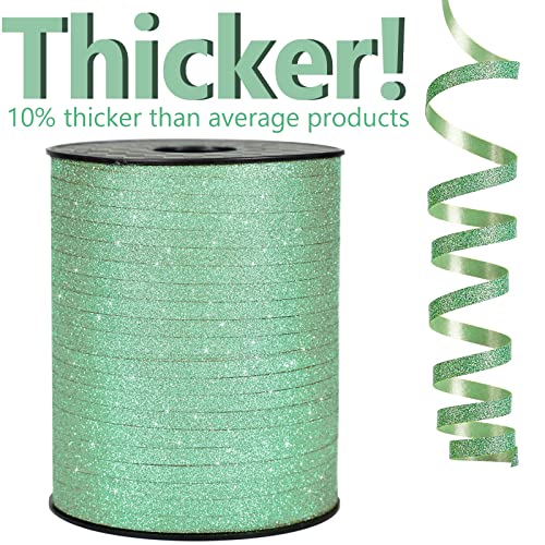 Image of PartyWoo Green Ribbon, 500 Yard, Sage Green Curling String Balloon Thin Gift Glitter Ribbon for Gift Wrapping Balloons Presents Floral Graduation Christmas Birthday Wedding Party Decorations (1 Roll)