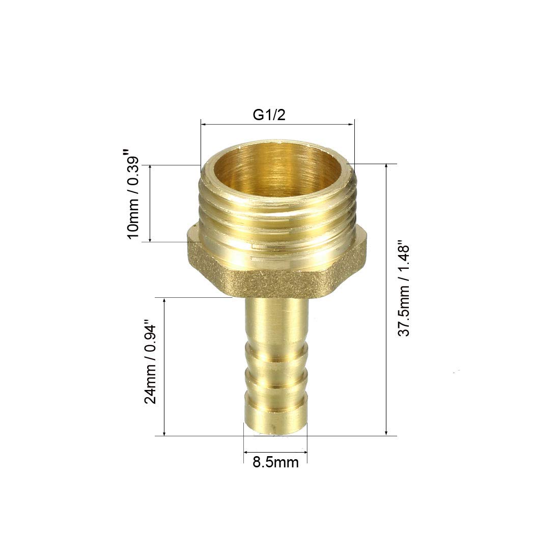 Sourcingmap Raccordo A Spina Per Tubo In Ottone - 10 Mm Spinato X 1/2 PT Maschio, 37 Mm