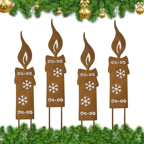 HXUING 4 Stück Gartenstecker Kerze 25cm, Gartenstecker Kerzenflamme aus Edelrost Metall Rost Gartenstecker Weihnachtlicher Stimmungsvoller Deko Stecker, Rost Deko Herbstdeko Outdoor(B)