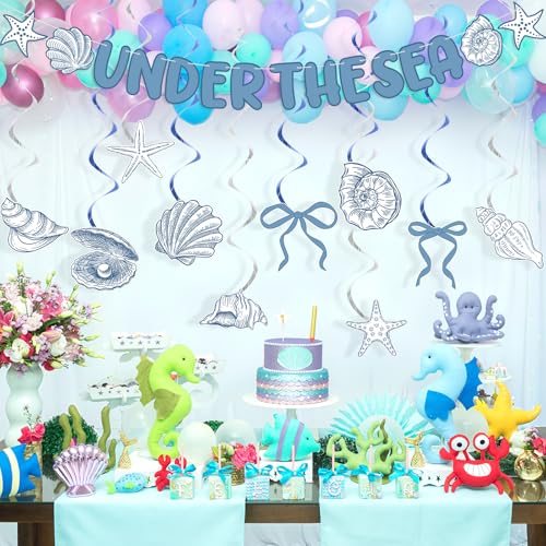 Image of Yunlly Coastal Christmas Decor Blue Bow Starfish and Seashell Garland Hanging Swirls Under The Sea Birthday Party Decorations Coquette Beach Banner for Christmas Bachelorette Wedding Party Favors