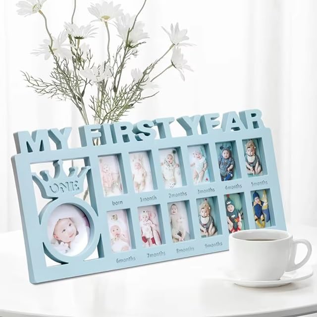 HOME ELEMENTS Baby First Year Photo Frame, Monthly Milestone Picture Collage, 13 Photo Slots with Crown Design, Tabletop Photo Frame Gift For Newborn Baby - 39x18.5cm (Blue)-image-26