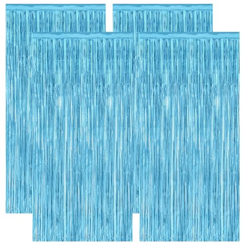 Image of 4 Pack Party Decorations, 3.28 FT x 7.05 FT Blue Foil Streamers, Metallic Sky Blue Backdrop Fringe Curtains Bithday Back Drop, Winter Backdrop for Party Supplies Door Decor Hanging