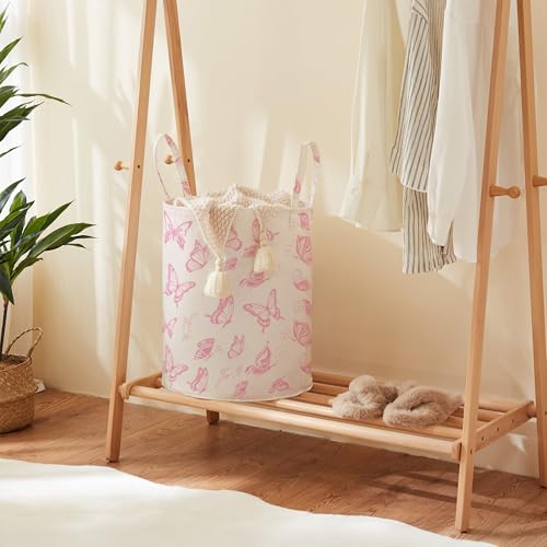 Image of Baby Laundry Basket Nursery Hamper with Long Handles, Pink Butterfly