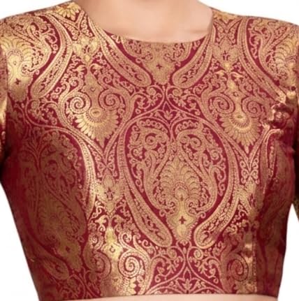 Image of Studio Shringaar Women Brocade Silky Jewel Neck Readymade Elbow Length Sleeve Saree Blouse