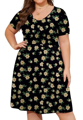 Image of DB MOON Women Plus Size Dresses 2026 Summer Casual V Neck Short Sleeve Knee Length Dress with Pockets