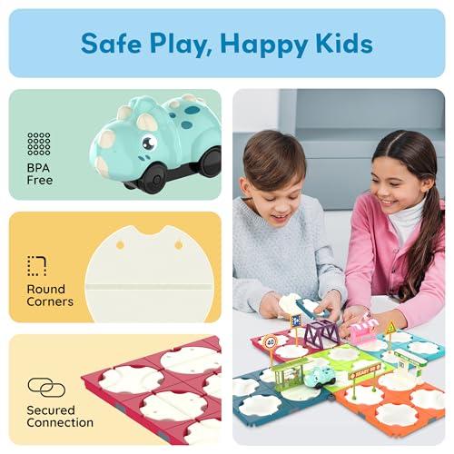 Image of PicassoTiles 85pc Race Car Track Construction Builder Set with Rotating Reversible Tracks Dinosaur Vehicle Road Signs Buildings and Accessories STEM Learning Pretend Play Racing Fun Kids Ages 3+ PTR22