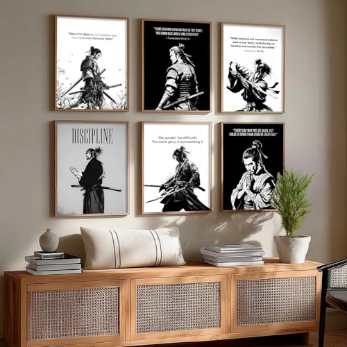 Image of HOTHOUSE Japanese Samurai Motivational Art Framed Posters for Living Room Bedroom Gaming Room Studio | Aesthetic Japanese Theme Samurai Poster with Frames Wall Decor Set Of 6 (10X13 inch)
