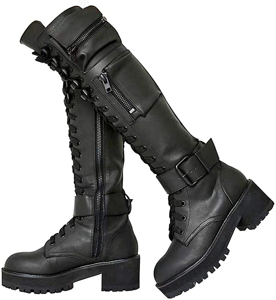 Stivali da donna con fibbia da combattimento, con lacci, con tacco a blocco, stivali alti al ginocchio, per donne militari