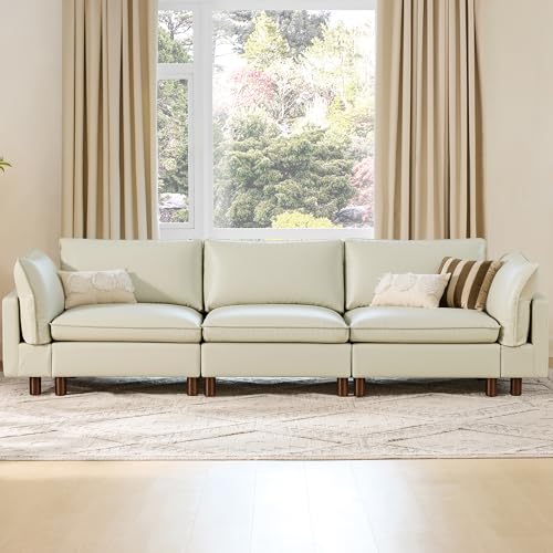 Image of CHITA 127 inch Leather Super Large Sectional Couches for Living Room, Modular Sofa, Premium Genuine Leather Sofa, Down Filled, High Density Foam, Real Leather in Cream, 3 Seater