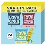 LOVE CORN Variety Pack Sea Salt, BBQ, Salt & Vinegar - (24 x 20g) High Fibre Snack, High Oleic Sunflower Oil, Gluten-Free, Vegan, Kosher, Low Sugar Healthy Mixed Graze, Lunchbox Variety, UK Made