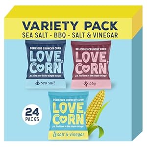 LOVE CORN Variety Pack (8x Sea Salt, 8x BBQ, 8x Salt & Vinegar) – Healthy Snacks Ideal for Gluten Free & Vegan Diets – Low Sugar Alternative for Crisps, Mixed Nuts & Pretzels – Perfect To Graze On