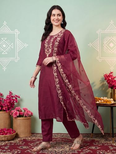 Image of INDO ERA Women's Silk Blend Embroidered Thread Work Kurta & Pant with Dupatta Set | Suit Set For Women