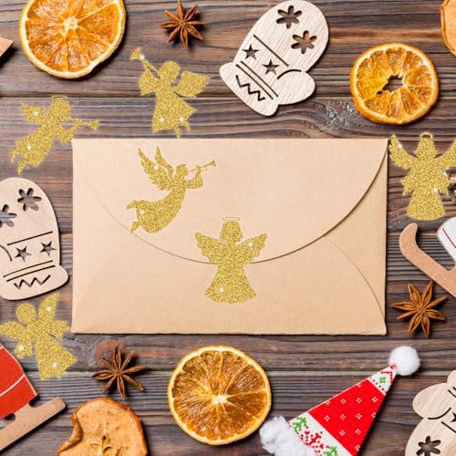 Image of Gold Angel Christmas Stickers - 2 Rolls 16 Gold Foil Angel Designs Waterproof Holiday Decorations for Gift Wrapping, Scrapbook, Kids Crafts, Party Favors, Glass Windows & Laptop Decor