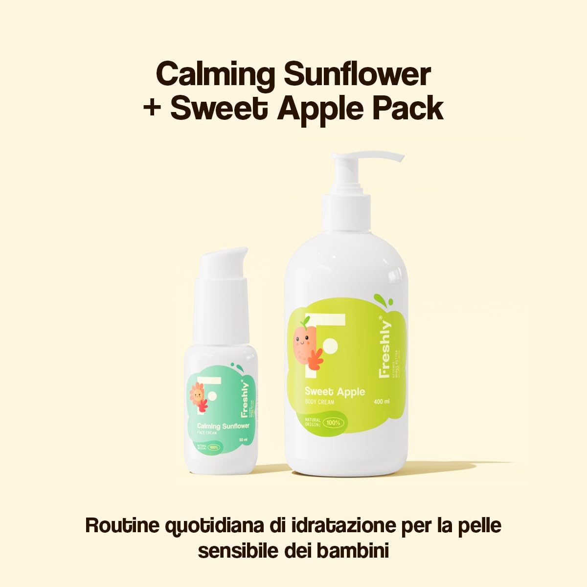 Freshly Cosmetics | Calming Sunflower + Sweet Apple Pack | Crema Viso 50 ml + Crema Corpo 400 ml | Routine Idratante per Neonati e Bambini con Pelle Sensibile