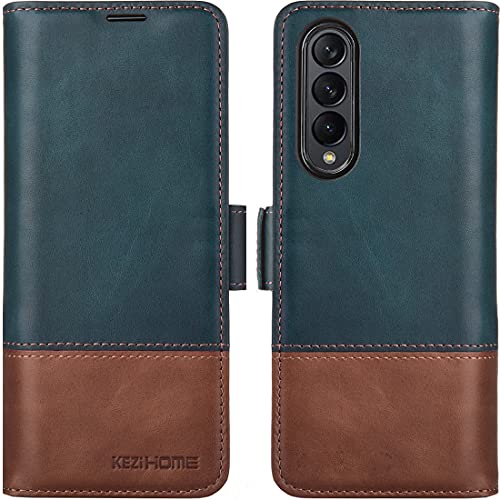 KEZiHOME Genuine Leather Wallet Case for Samsung Galaxy Z Fold 3 5G, RFID Blocking, Card Slots, Flip Kickstand Phone Cover (Navy Blue/Brown)
