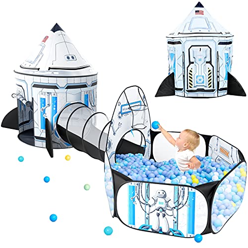 White Rocket Ship Kids Ball Pit with Play Tent and Play Tunnel, Kids Pop Up Tent for Indoor Outdoor, Space Toys for Boys Girls Babies Toddlers Playhouse (3 in 1)