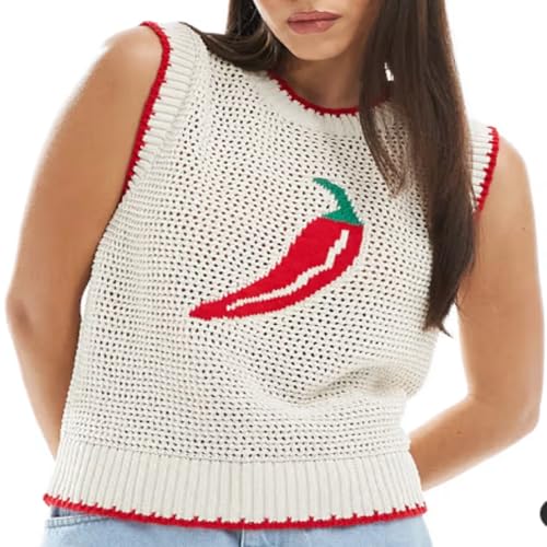 Image of Women Graphic Sweater Vest Y2k Sleeveless Lobster Pullover Top Crew Neck Lightweight Fall Knit Tank Top