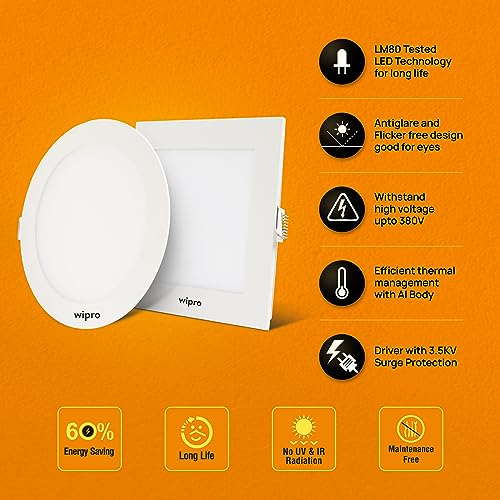 Image of wipro Garnet 16W Square LED Slim Plus Panel | Coolwhite Light(6500K)| Ultra-Slim Design | Aluminium Housing | Flicker Free Design | Recessed Down Light for False Ceiling |Cutout - 100mm |Pack of 10