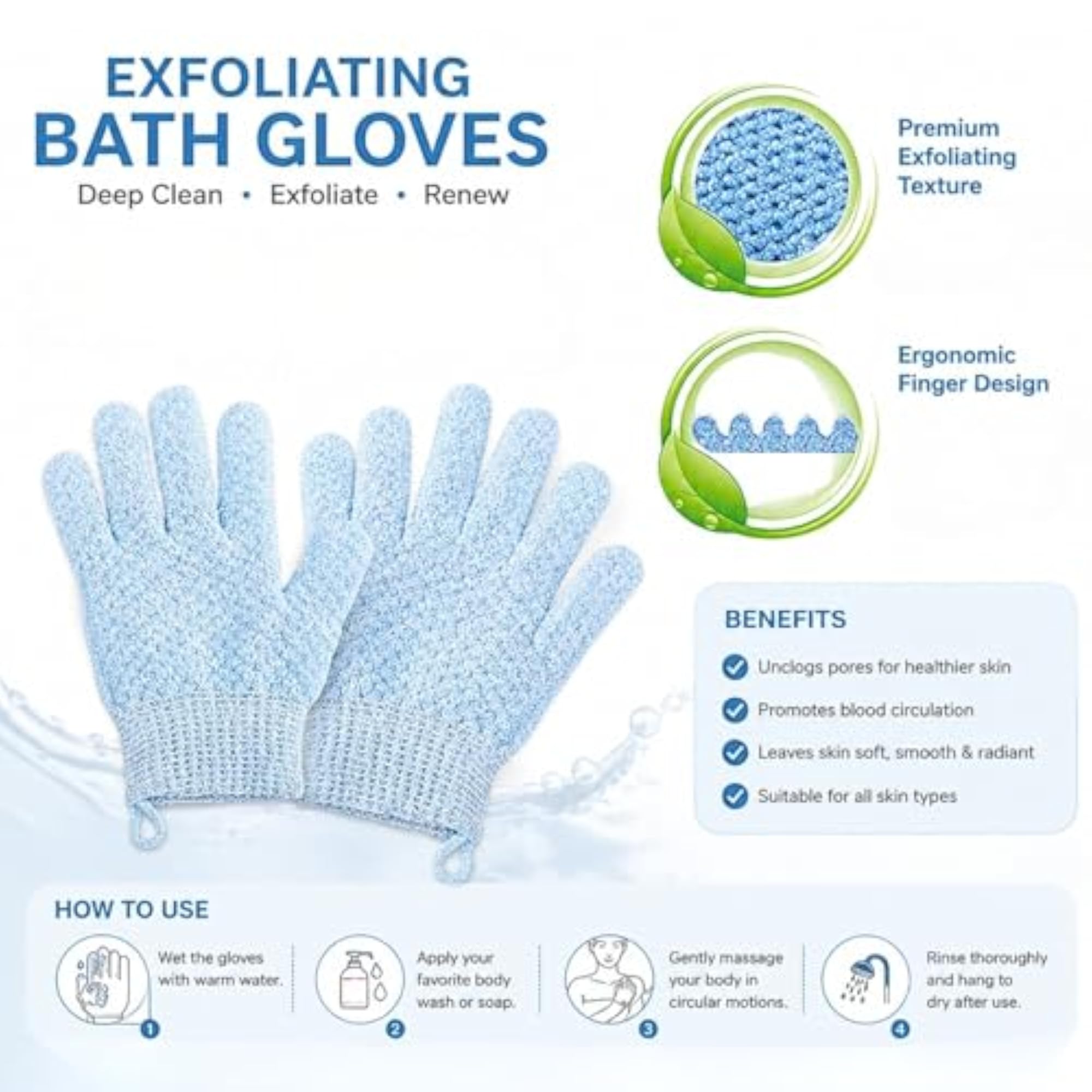 Exfoliating Bath Gloves, 100% Nylon, Double Sided Scrubber