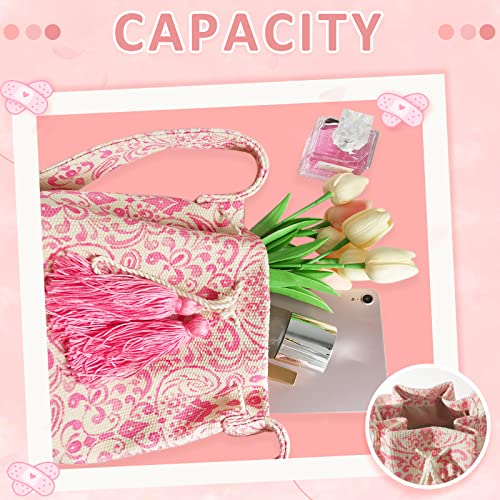 Canvas Crossbody Bags for Women, Tassels Drawstring Bucket Bag, Bohemian Pink Floral Pattern Handbag, Large Capacity Travel Shoulder Bag4