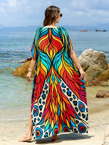 Image of sunforyou Kaftan Dresses for Women Plus Size Lightweight Swimsuit Cover up Batwing Sleeve Print Loungewear Beach Robe