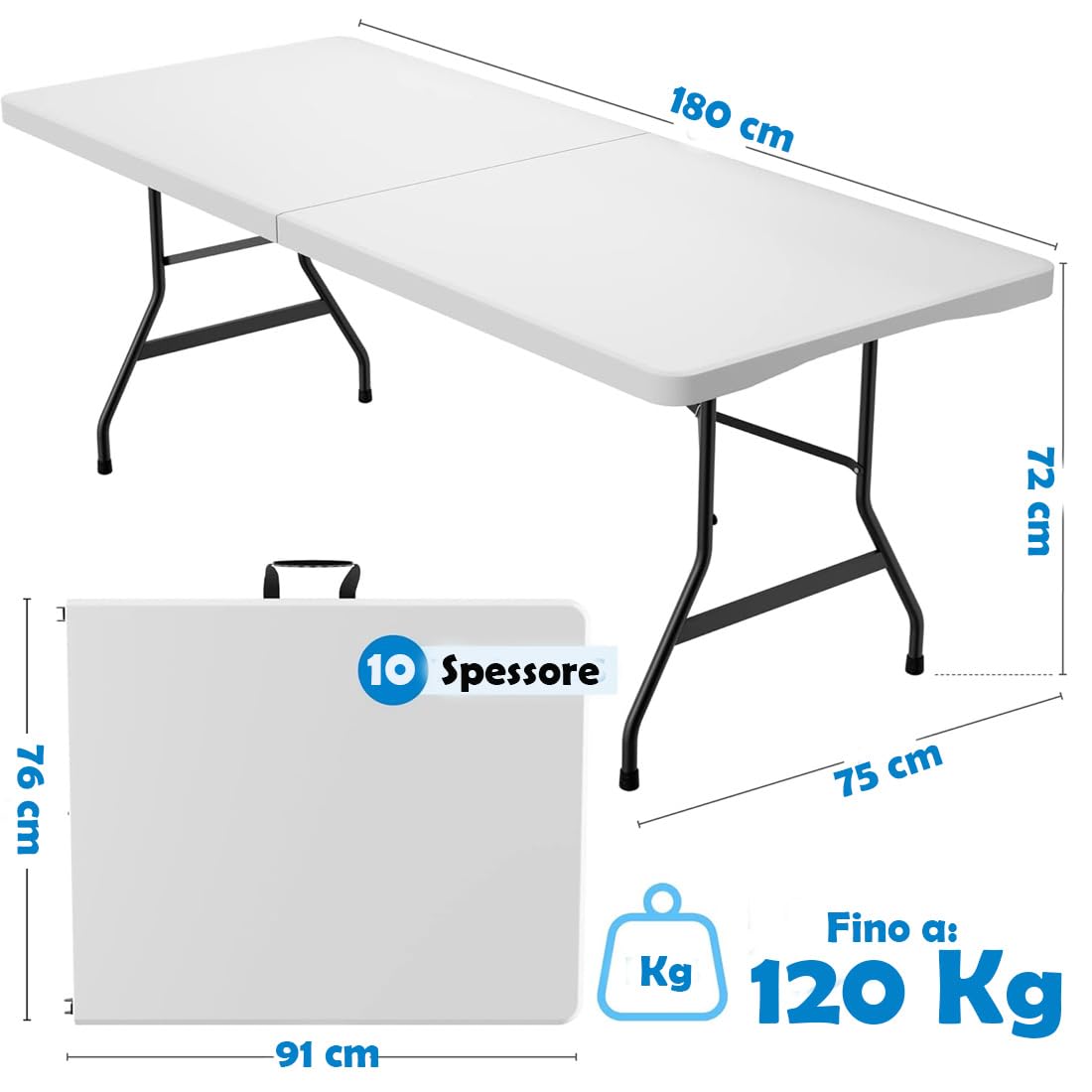 BAKAJI Tavolo Pieghevole in Resina HDPE 183x76x72cm Struttura in Metallo Rinforzato
