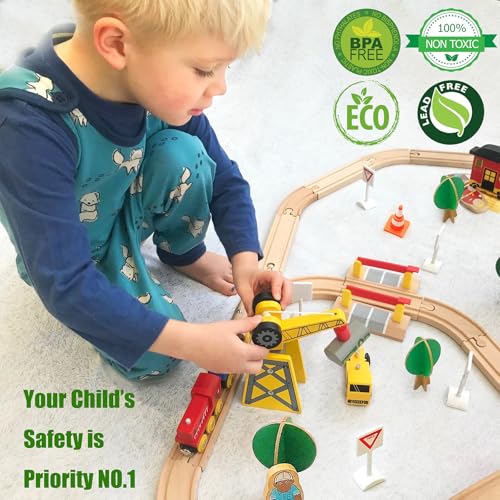 Image of Tiny Land 55PCS Wooden Train Set, Durable Wooden Railway Tracks | Compatible with Major Brand Tracks, Educational Toy for Toddlers & Kids Ages 3-7