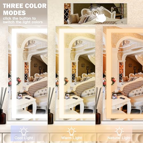 Image of ROLOVE 39 inch x 28 inch Extra Large Vanity Mirror with Lights, Lighted Makeup Mirror with USB Charging Port & 10X Magnifier, 3 Color Dimmable Smart Touch, Wall Mounted or Tabletop Desk Mirror, White