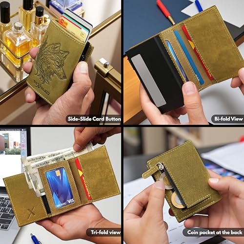 Image of The X Project FrostWolf Trifold Wallet | Premium Genuine Leather | Aluminium Cardholder | Side Slide Pop-Up Card Ejector | Carry Up to 6 Cards and 1 Slot for Carrying Cash & Folded Bills (Green)