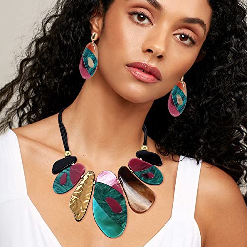 MUYAN Statement Acrylic Jewelry Set for Women, Big Bohemian Multicolor Bib Necklaces Bangle Bracelet Dangle Earrings Chunky Jewelry Sets2
