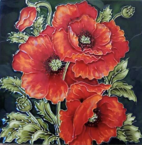 Continental Art Center BD-2408 8''x8'' Art Tile - Red Flowers with Black Background