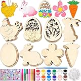 Easter Wood Painting Craft Kit, 40Pcs DIY Easter Wooden Ornaments, Unfinished Bunny, Egg, Flower and Hen Cutouts, Paint Your Own Hanging Decorations for Easter Tree, Home, Mantle, Party Favors