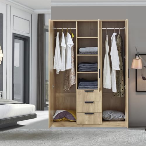 [en.casa] Armoire de Chambre avec 2 Barres de Penderie 4 Étagères 3 Tiroirs Garde-Robe Moderne Meuble de Rangement Intemporel MDF 176 x 120 x 52 cm Effet Chêne