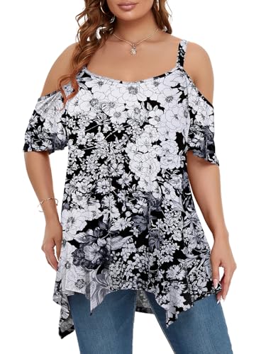 Image of LARACE Cold Shoulder Tops for Womens Summer Clothes Spaghetti Strape Tunic Oversized Shirts Asymmetrical Plus Size Blouse