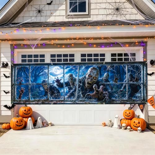 Image of Halloween Banner 118x35.4 Inch Scary Zombie Window Decoration Backdrop, Creepy Haunted House Party Decoration Outdoor Yard Sign for Festival Celebration, Fence Wall Porch Indoor Outdoor