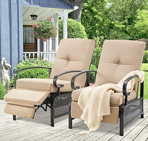 Aecojoy Outdoor Recliner Chairs Set Of 2, Patio Outdoor Lounge Chairs Set Of 2 With Adjustable Back, Pool Lounge Chairs With Beige Olefin Cushions (Removable) #TOP4