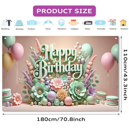 Image of Happy Birthday Banner for Women - 70.8x43.3 Inch Floral Happy Birthday Backdrop Polyester Spring Party Decorations Reusable Birthday Sign for Backdrop