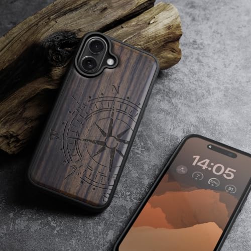 Image of Carveit Wood Case for iPhone 16 Plus, The Incomplete Compass, Black | Magnetic iPhone 16 Plus Case Compatible with MagSafe Wireless Chargers, Engraved Wood with Soft TPU Shockproof Bumper