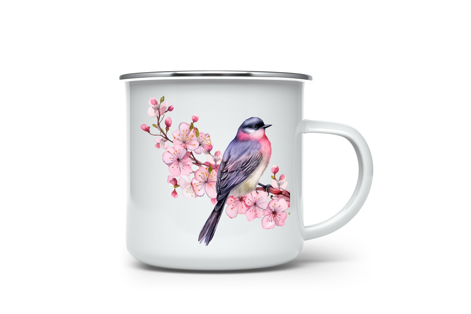 MAXIKIWI - Durable Enamel Coffee or Tea Camping Mug for Indoor Outdoor Use - Fairy Bird Flower Watercolor - 350ml