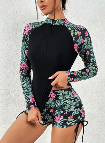 Women's Two Piece Rash Guard UPF50+ Sun Protection Long Sleeve Zip Front Swimsuit Top with Boyshorts Swim Shirt3