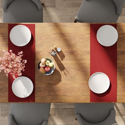 Image of Encasa XO Table Runner for 4 Seater | Cotton Canvas Fabric | Size 13x36 in | Deep Red Solid Color | Machine Washable & Durable