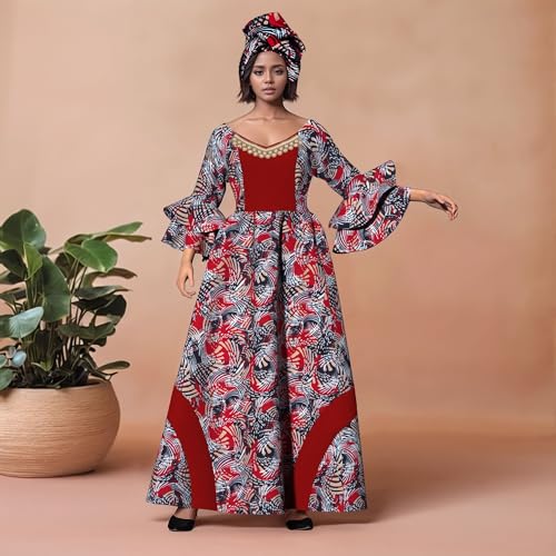 Image of iooiooi Womens African Print Party Maxi Dress Tradition Dashiki Ankara Long Dress & Headwrap