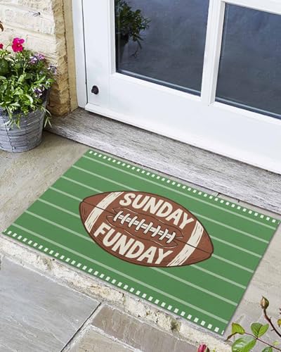 Sunday Funday Door Mat Indoor/Outdoor Entrance, Non Slip Welcome Floor Mats, American Rugby Football Ball Green Absorbent Rug Shoes Scraper Low Profile Front Door Mat for Patio Porch 24"x36"