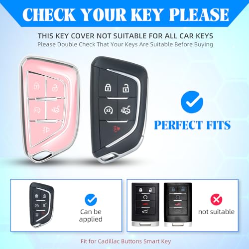 Image of QBUC for Cadillac Key Fob Cover with Leather Keychain (Chrome Trim Pink) | Soft TPU Protection Case Compatible with 2020-2026 Cadillac Escalade Lyriq Optiq 5-Buttons