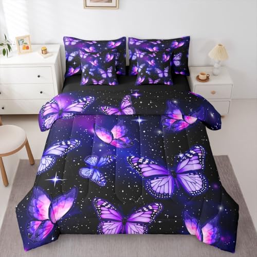 Image of Erosebridal Purple Butterflies 7 Pieces Bedding Set King,Starry Sky Galaxy Bed in a Bag,Dreamy Butterfly Bed Set Includes Comforter,Sheet Set,Pillowcases & Pillow Covers,Neon Wildlife Bedroom Decor