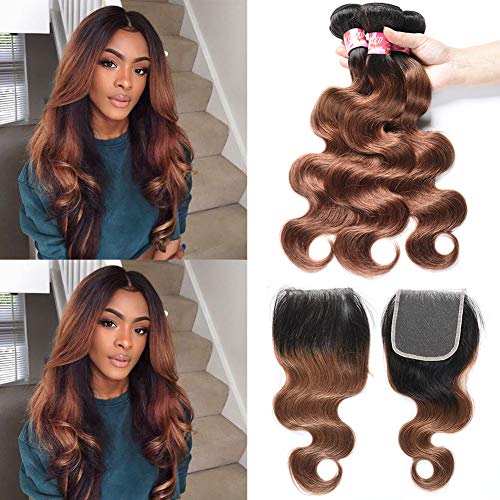 XCCOCO Brazilian Ombre Virgin Hair Full Body Wave 3 Bundles with Closure 1B/30 Two Tone Ombre Brown Human Hair Weave Bundles with Lace Closure Free Part(12 14 16+12inch Closure )