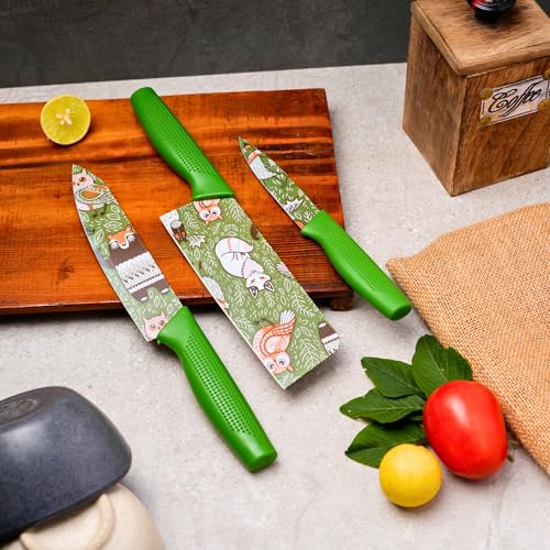 Image of Professional Piece Kitchen Knife Set - High Carbon Stainless Steel Chef, Utility & Santoku Knives with Ergonomic Blue Handles Knife (Dark Green, 3 piece)