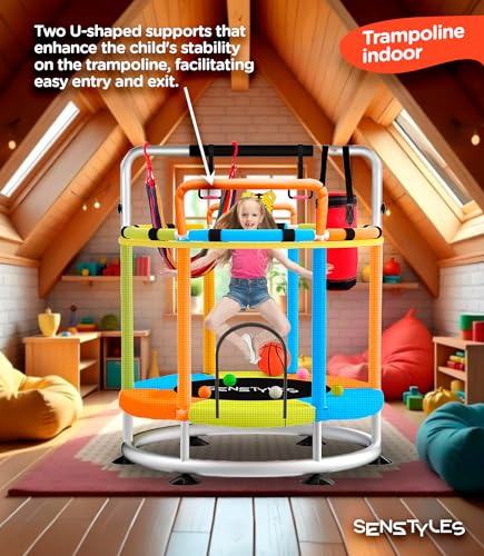 SenStyles Trampoline for Kids with Safety Enclosure Indoor and Outdoor mini Trampoline for Kids Anti Rollover Round Base Double Safety Handles 220 lbs Capacity ASTM Tested Easy Assembly Gift - Image 4