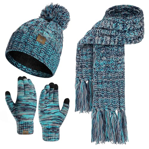 INSISMY Gorro bufanda guantes conjunto invierno suave cálido forro de piel gorro pompón bufanda larga con borla y guantes para pantalla táctil Set 3 piezas Melange punto mujer unisex, azul pavo real,